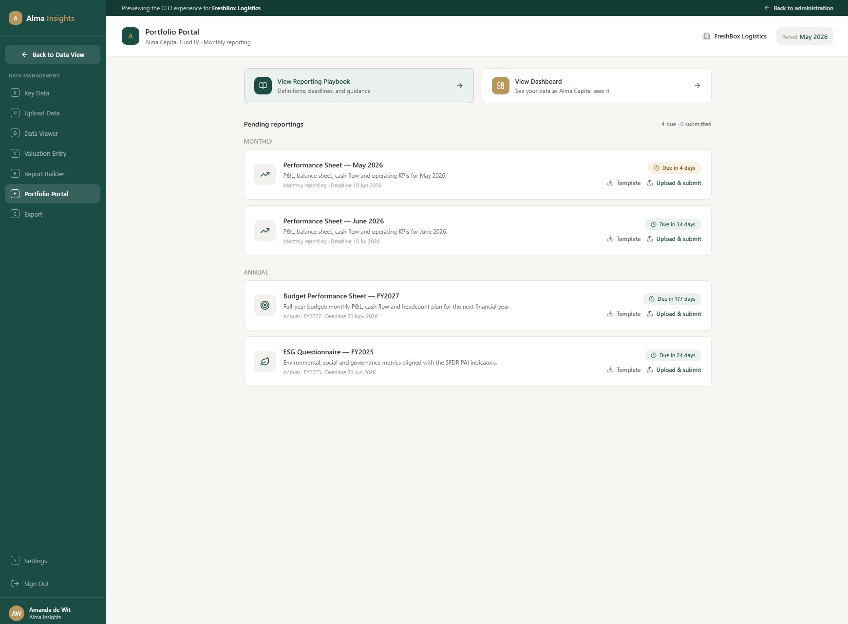 Alma Portfolio Portal — CFO reporting view